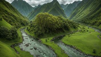 AI generated Majestic Green Mossy Valley with River and Mountains photo