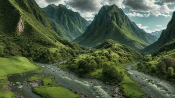 AI generated Majestic Green Mossy Valley with River and Mountains photo