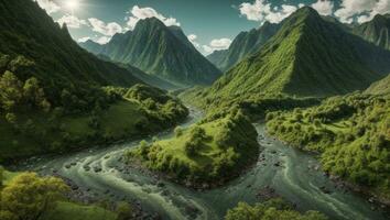 AI generated Majestic Green Mossy Valley with River and Mountains photo