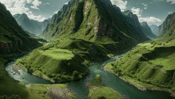 ai generado majestuoso verde cubierto de musgo Valle con río y montañas foto