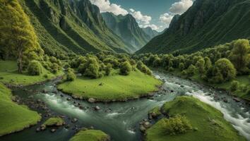 ai generado majestuoso verde cubierto de musgo Valle con río y montañas foto