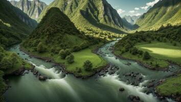 AI generated Majestic Green Mossy Valley with River and Mountains photo