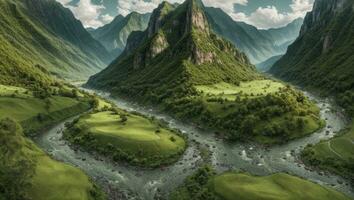 AI generated Majestic Green Mossy Valley with River and Mountains photo