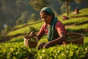 Farmers collecting tea at tea plantation. AI Generated photo