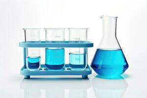 Laboratory equipment beakers and flask with backlight in different group. AI Generated photo