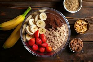 haciendo chocolate proteína sacudir bebida en licuadora, arriba vista. ai generado foto