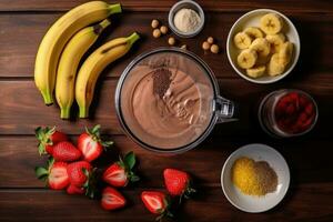 haciendo chocolate proteína sacudir bebida en licuadora, arriba vista. ai generado foto