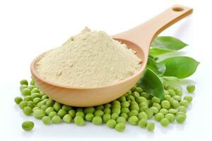 Pea Protein Powder in plastic scoop with fresh green Peas. AI Generated photo