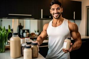 joven chico haciendo proteína sacudir a cocina, Copiar espacio. ai generado foto