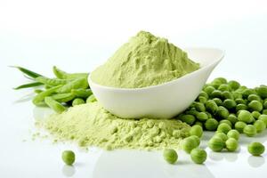 Pea Protein Powder in plastic scoop with fresh green Peas. AI Generated photo