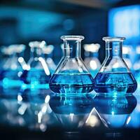 Laboratory equipment beakers and flask with backlight in different group. AI Generated photo