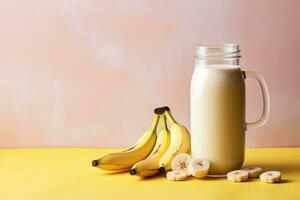 Healthy banana protein shake in mason jar. AI Generated photo