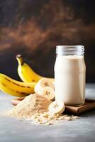 Healthy banana protein shake in mason jar. AI Generated photo
