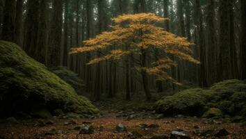 ai generado majestuoso brumoso frío lujuria lluvioso bosque con un leve niebla foto