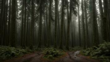 ai generado majestuoso brumoso frío lujuria lluvioso bosque con un leve niebla foto