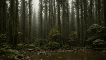 AI generated Majestic Misty Chill Lust Rainy Forest With a Slight Fog photo