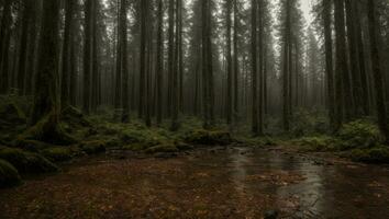 ai generado majestuoso brumoso frío lujuria lluvioso bosque con un leve niebla foto