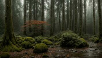 ai generado majestuoso brumoso frío lujuria lluvioso bosque con un leve niebla foto