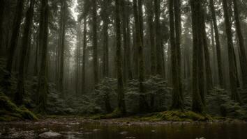 AI generated Majestic Misty Chill Lust Rainy Forest With a Slight Fog photo