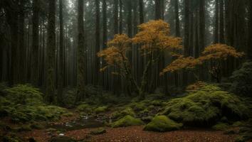 ai generado majestuoso brumoso frío lujuria lluvioso bosque con un leve niebla foto