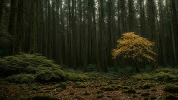 ai generado majestuoso brumoso frío lujuria lluvioso bosque con un leve niebla foto