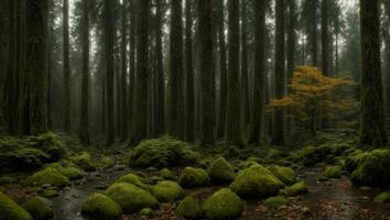 ai generado majestuoso brumoso frío lujuria lluvioso bosque con un leve niebla foto