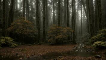 ai generado majestuoso brumoso frío lujuria lluvioso bosque con un leve niebla foto