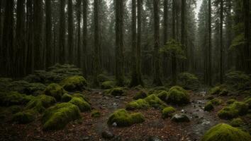 ai generado majestuoso brumoso frío lujuria lluvioso bosque con un leve niebla foto