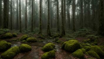 ai generado majestuoso brumoso frío lujuria lluvioso bosque con un leve niebla foto