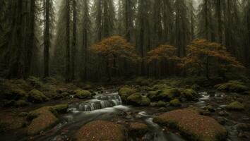 ai generado majestuoso brumoso frío lujuria lluvioso bosque con un leve niebla foto