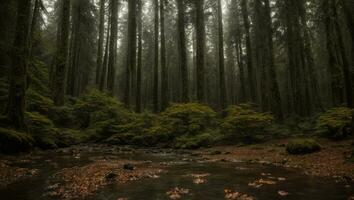 ai generado majestuoso brumoso frío lujuria lluvioso bosque con un leve niebla foto