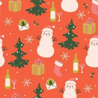 Christmas seamless pattern with snowmen, gifts, fir trees, snowflakes. Vector graphics.