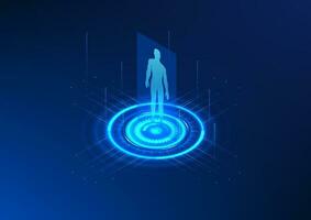 Hologram projection technology A projected image of a person along with a technology circle that Shows treatment, health care and modern medical technology. vector