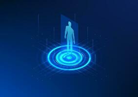 Hologram projection technology A projected image of a person along with a technology circle that Shows treatment, health care and modern medical technology. vector