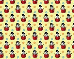 Festive Snowman Pattern with Blue and Orange Snowflakes on Pale Yellow Background vector