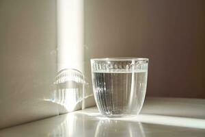 A glass of clean drinking water in the morning sun. photo