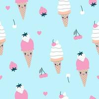 Cute seamless pattern with cherry and strawberry ice cream. Vector graphics.