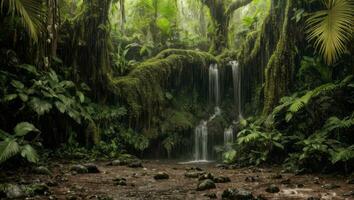 ai generado majestuoso denso lluvia bosque con primavera agua foto