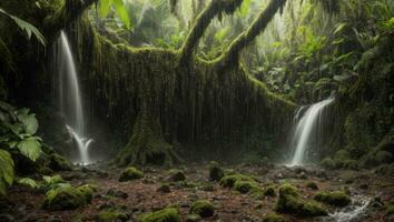 ai generado majestuoso denso lluvia bosque con primavera agua foto