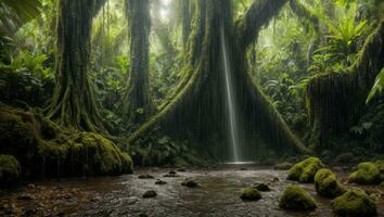 ai generado majestuoso denso lluvia bosque con primavera agua foto