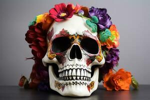 AI generated a skull with colorful flowers on it photo