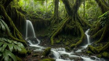 ai generado majestuoso denso lluvia bosque con primavera agua foto