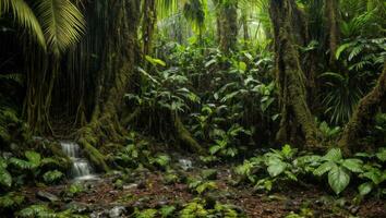 ai generado majestuoso denso lluvia bosque con primavera agua foto