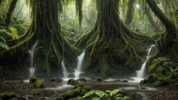 AI generated Majestic Dense Rain Forest With Spring Water photo