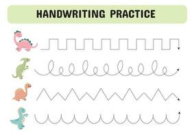 Tracing lines for children. Handwriting practice with cartoon dinosaurs. Educational game for preschool kids. Printable Page worksheet. Vector illustration