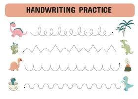 Tracing lines for children. Handwriting practice with cartoon dinosaurs. Educational game for preschool kids. Printable Page worksheet. Vector illustration