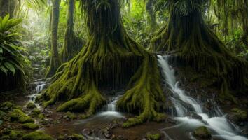 ai generado majestuoso denso lluvia bosque con primavera agua foto
