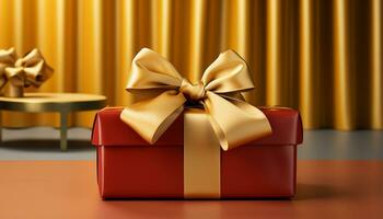 A shiny gold gift box wrapped in elegant satin generated by AI photo