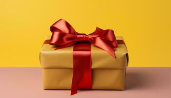 A yellow gift box wrapped in shiny gold paper generated by AI photo