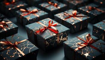 A stack of wrapped gift boxes, shiny and ornate generated by AI photo